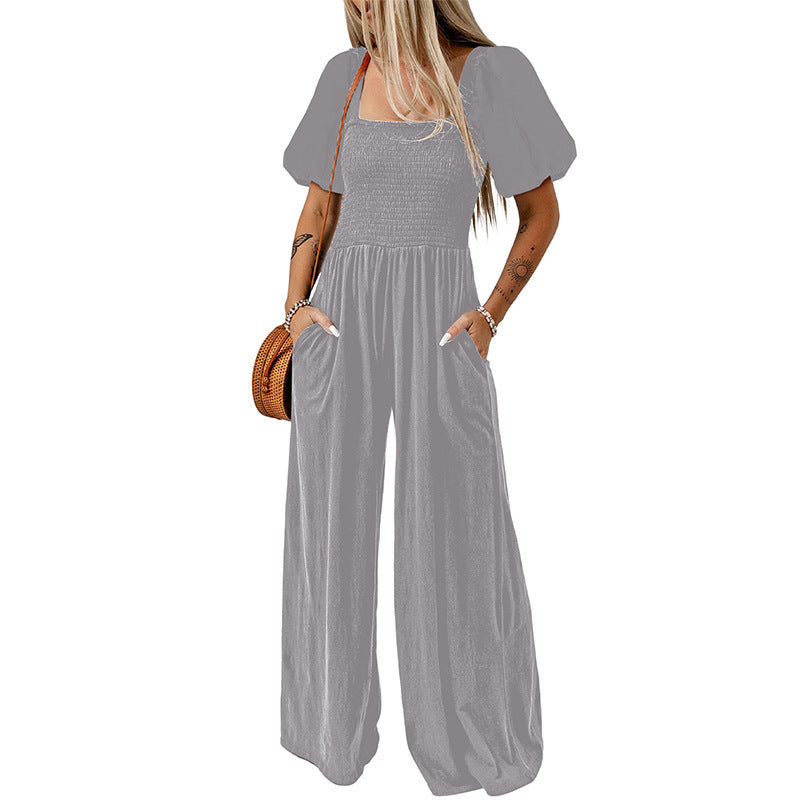 Women's Short Sleeve Jumpsuit with Square Collar