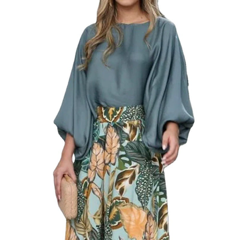 Two-Piece Set for Women Lantern Sleeve Printed Top and Wide Leg Pants