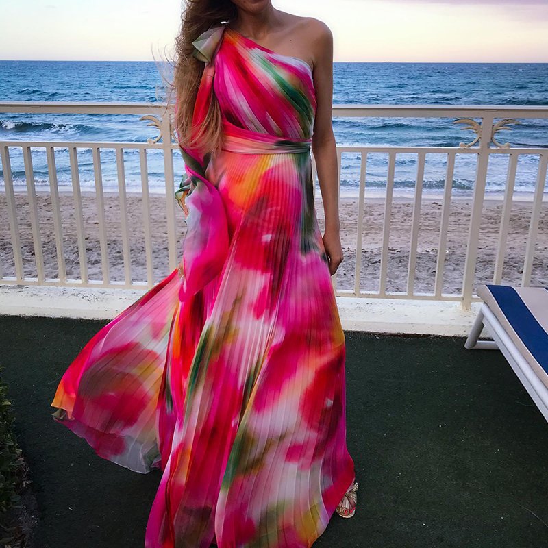 Summer New Fashion Single Room Rainbow Printing Pleat And Waisted Dress