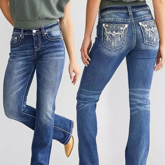 Women's Embroidered Denim Bootcut Trousers - Fashionable and Stylish