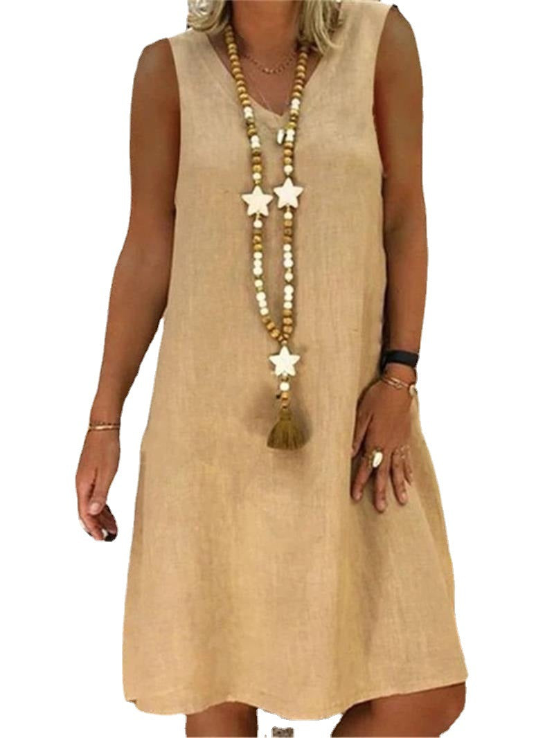 V-neck Sleeveless Cotton And Linen Dress Women's Clothing