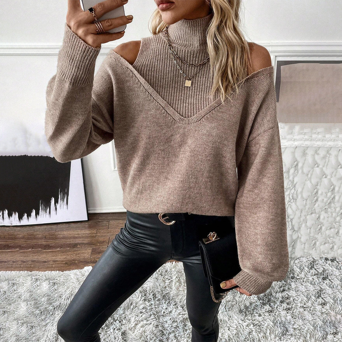 Off-the-Shoulder Half Turtleneck Solid Color Casual Sweater