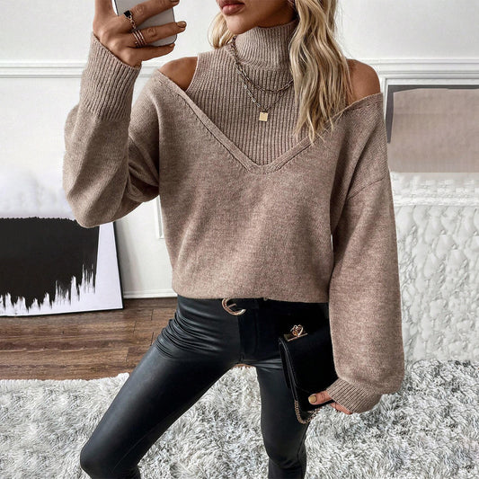 Off-the-Shoulder Half Turtleneck Solid Color Casual Sweater