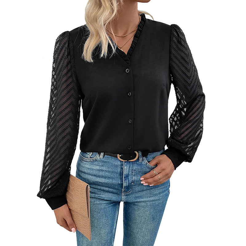 Women's Shirt Lace Stitching Long Sleeve Hot French Style V-neck Buckle Top