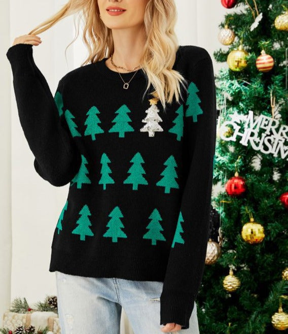 Red Christmas Sweater for Women with Jacquard Christmas Tree Design and Long Sleeves