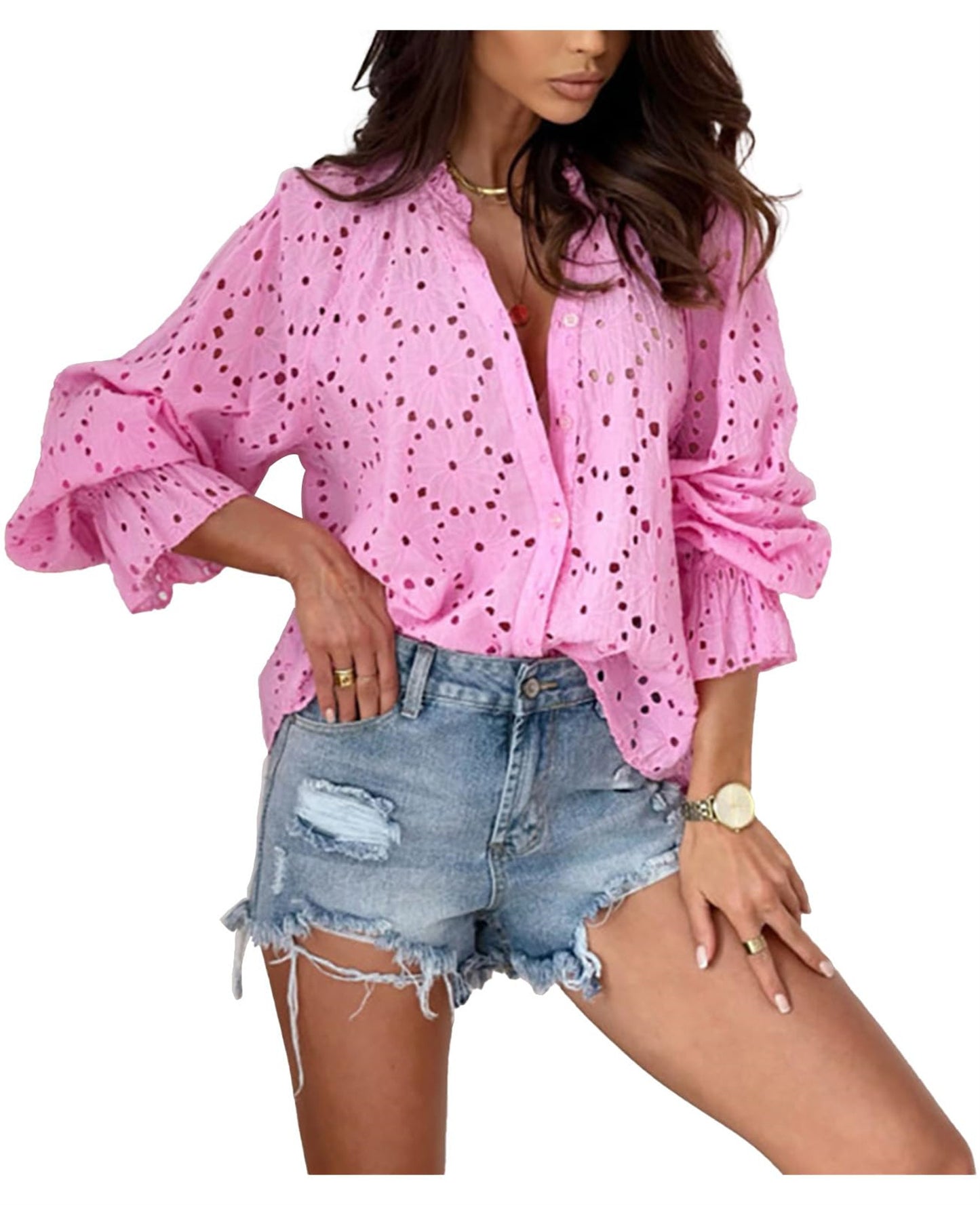 Women's Casual Cotton Lantern Long-Sleeved Shirt with Hollow-Out Design