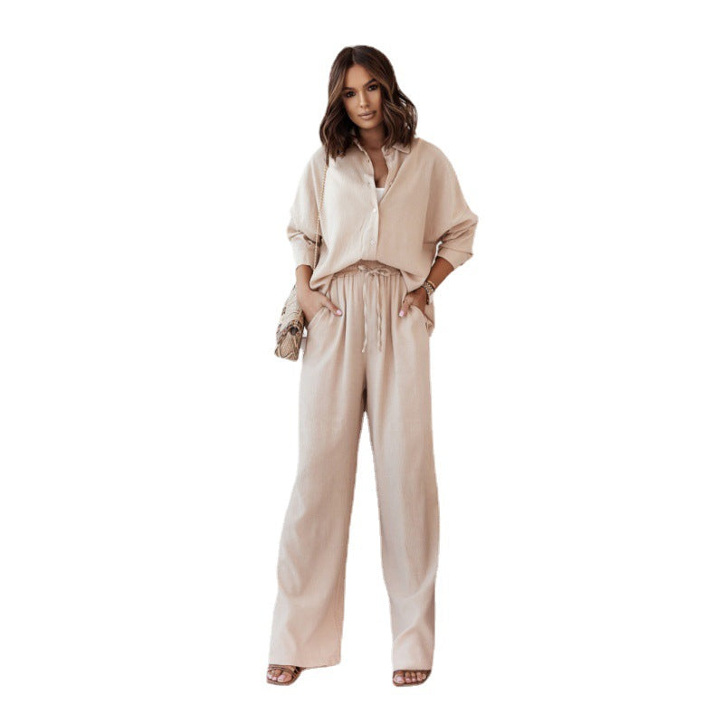 Relaxed and Comfortable: Long-Sleeved Wrinkle Shirt with Wide-Leg Pants Casual Suit