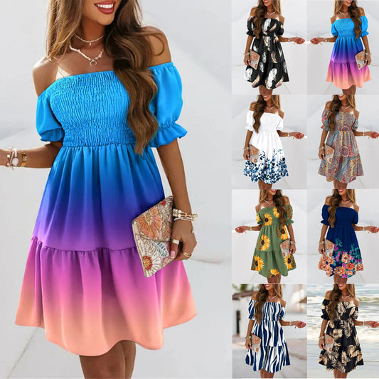 Printed Short Sleeve Dress Off-Shoulder Neckline Dress