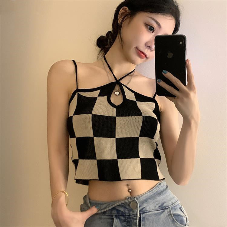 Checked Halterneck Knitted Camisole Unique Design