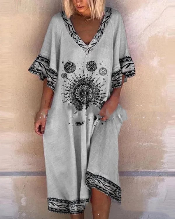 V-neck Plus Size Dress with Digital Print