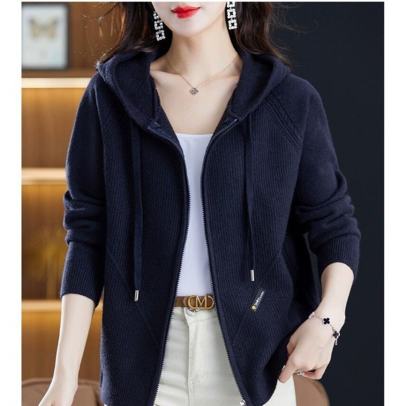 Loose Casual Hooded Sweater Cardigan with Zipper Closure for Stylish Outer Tops