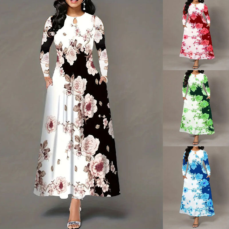 Round Neck Long Sleeve Dress with Printed Pocket and Waist-Controlled Large Hem