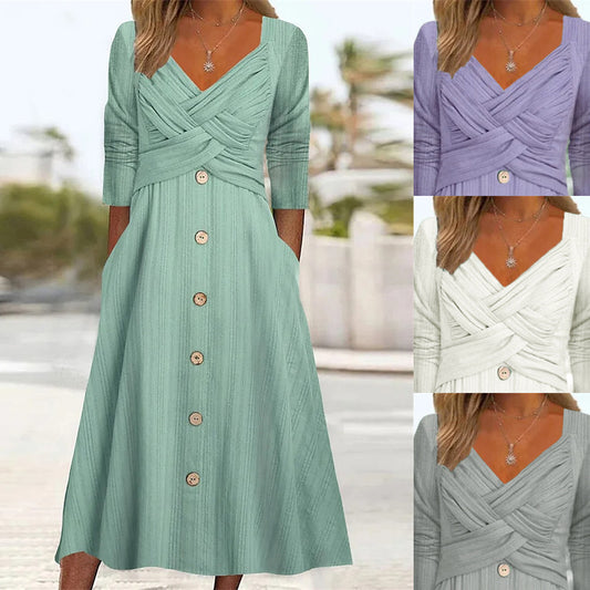 Cross Button V-neck Casual Dress for Women