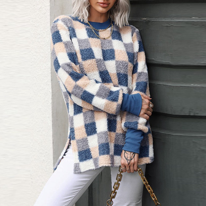 Retro Geometric Grid Printing: Elegant Knitted Wear for Women