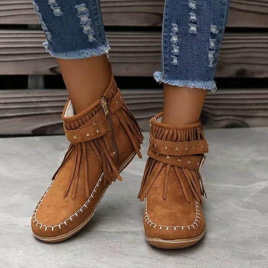 Winter Boots for Women - Retro Ankle Boots with Rivet Tassel and Flat