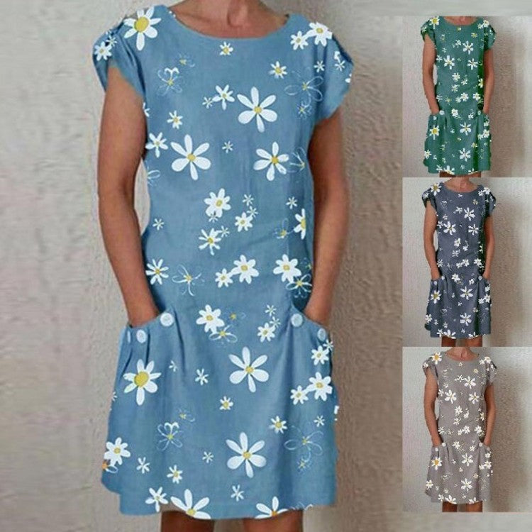 Daisy print short sleeve pocket dress