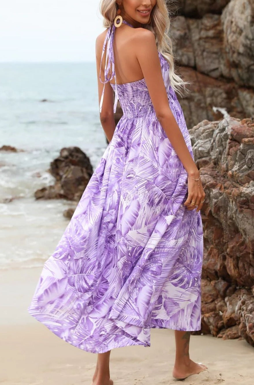 Printed Backless Sleeveless Drawstring V-neck Halter Dress