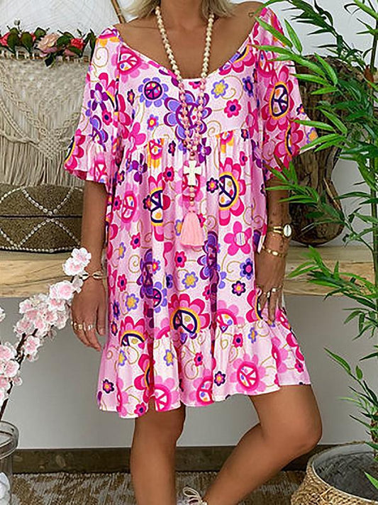 Printed round neck short sleeve ruffle dress