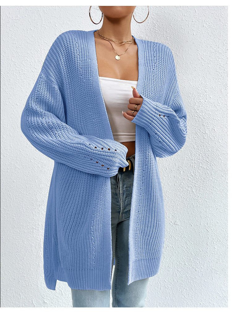 Solid Color Loose Medium Length Knitted Cardigan Sweater Jacket