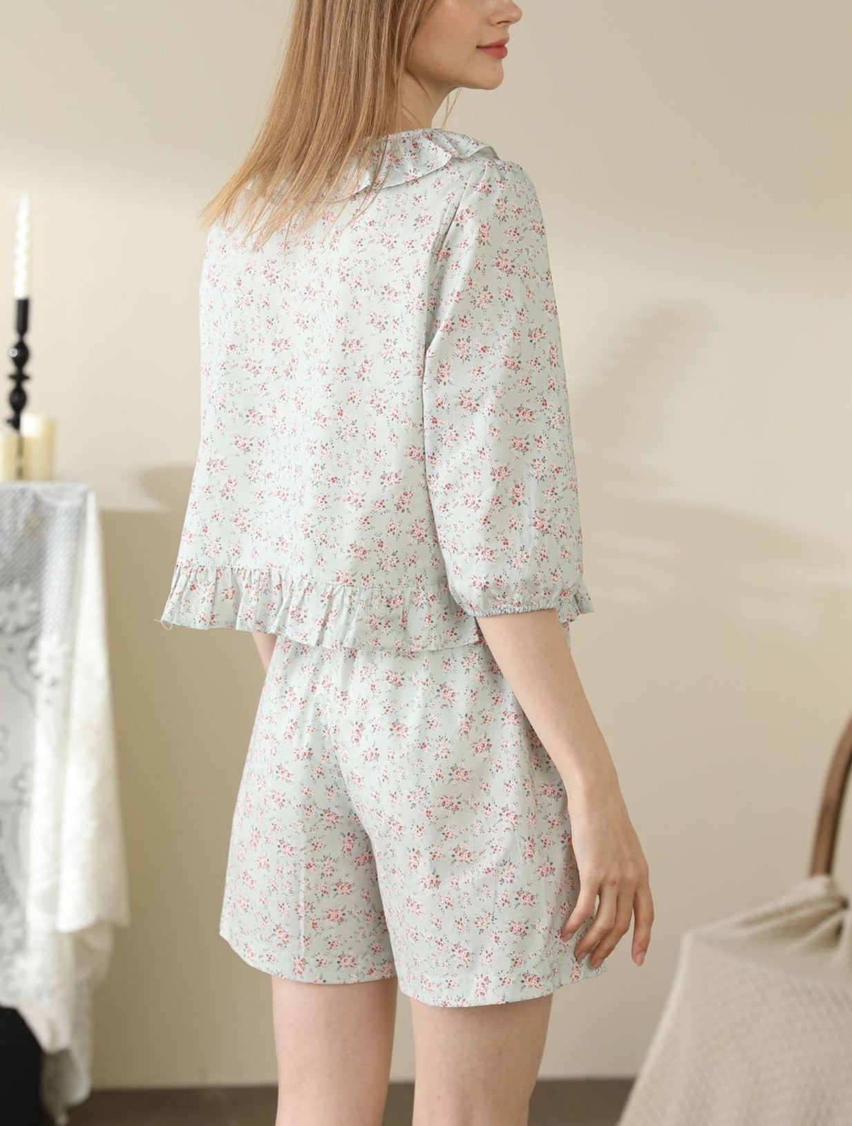 Floral Cardigan Pajama Set Lace Collar