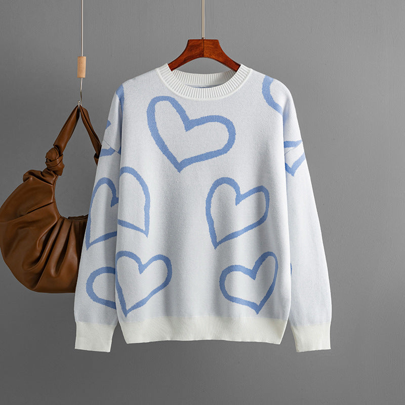 Heart Color Clash Sweater with Round Neck for Women's Fashion