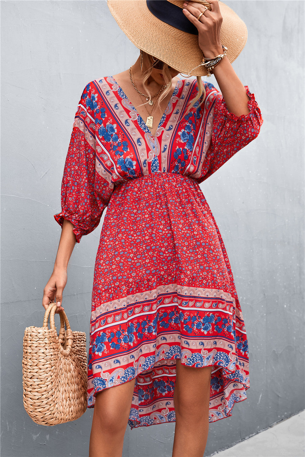 Bohemian V-Neck Irregular Backless Dress with Floral Accents