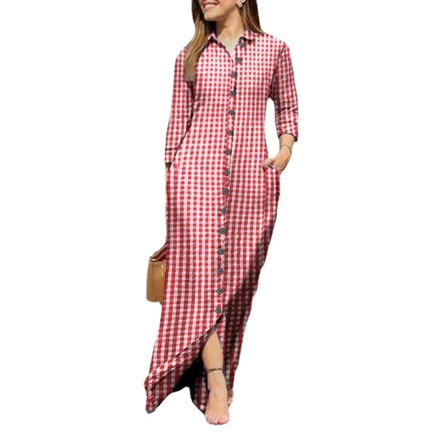 Women's Long Sleeve Plaid Maxi Dress Lapel Collar and Button Dress