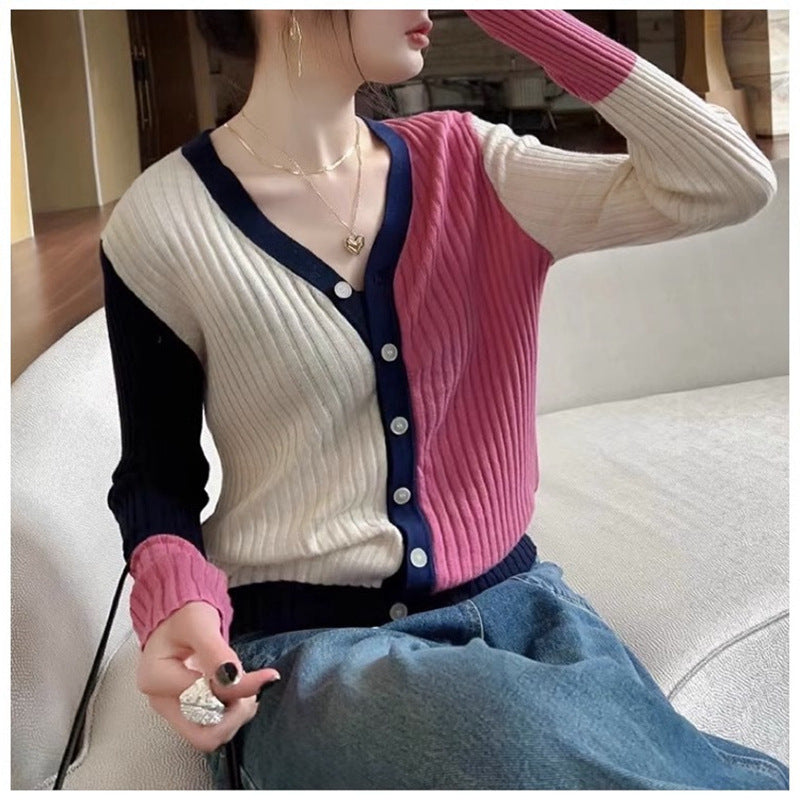 Trendy Multicolor V-Neck Knitted Cardigan for Women