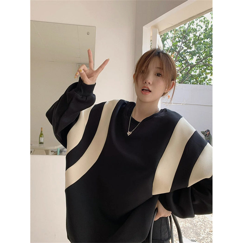 Korean Style Women's Sweater with Stitching Contrast Color Design