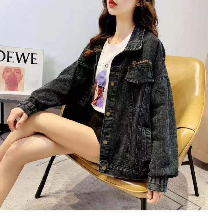 Slimming Loose Black Denim Jacket for Women with Embroidered Lettering