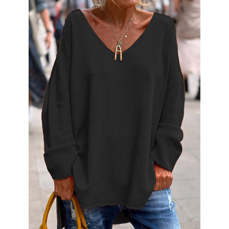 Women's Solid Color And V-neck Long Sleeve Loose Casual Top