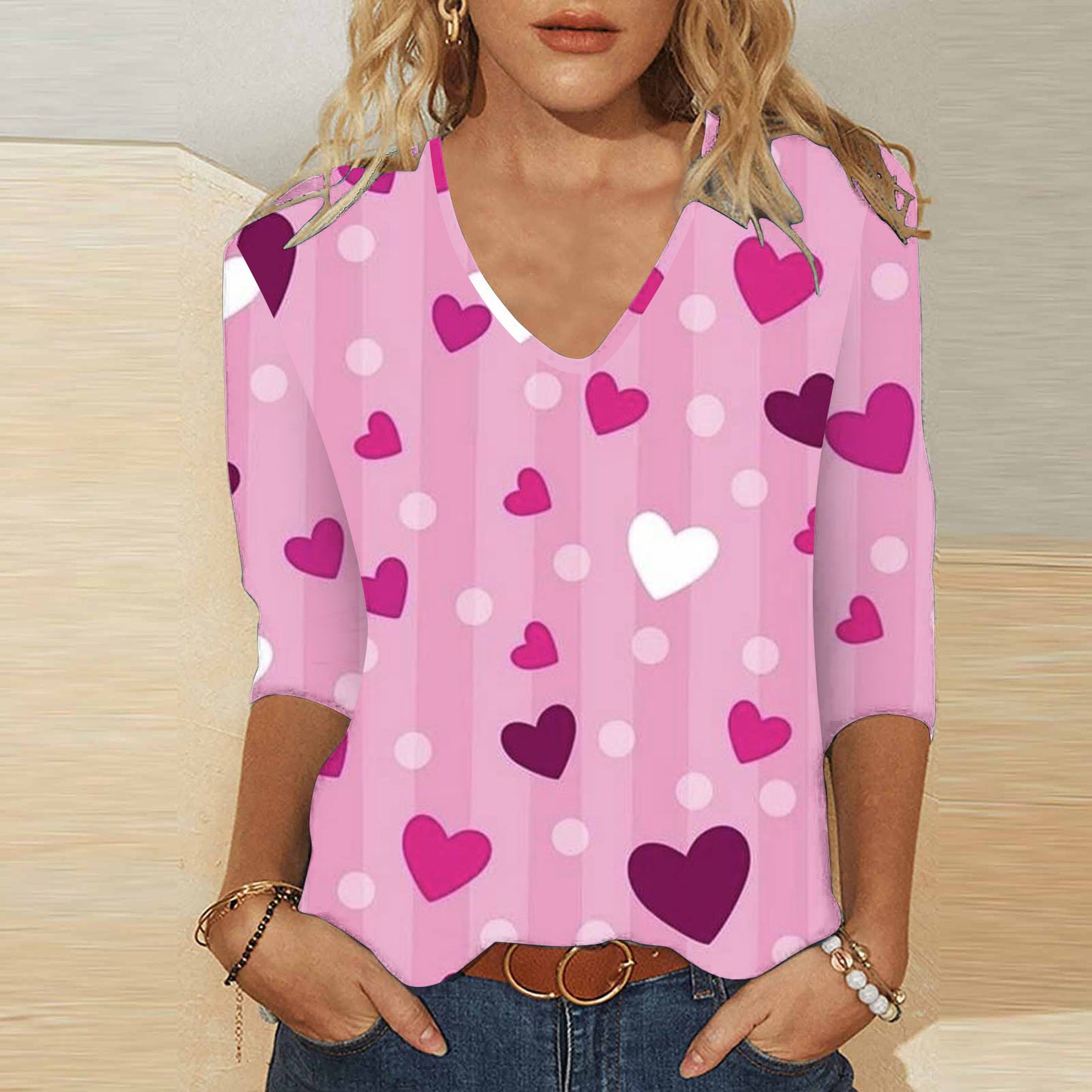 3d Digital Printing Valentine's Day Heart Printing Women's Cute Casual Loose V-neck 34 Sleeves T-shirt