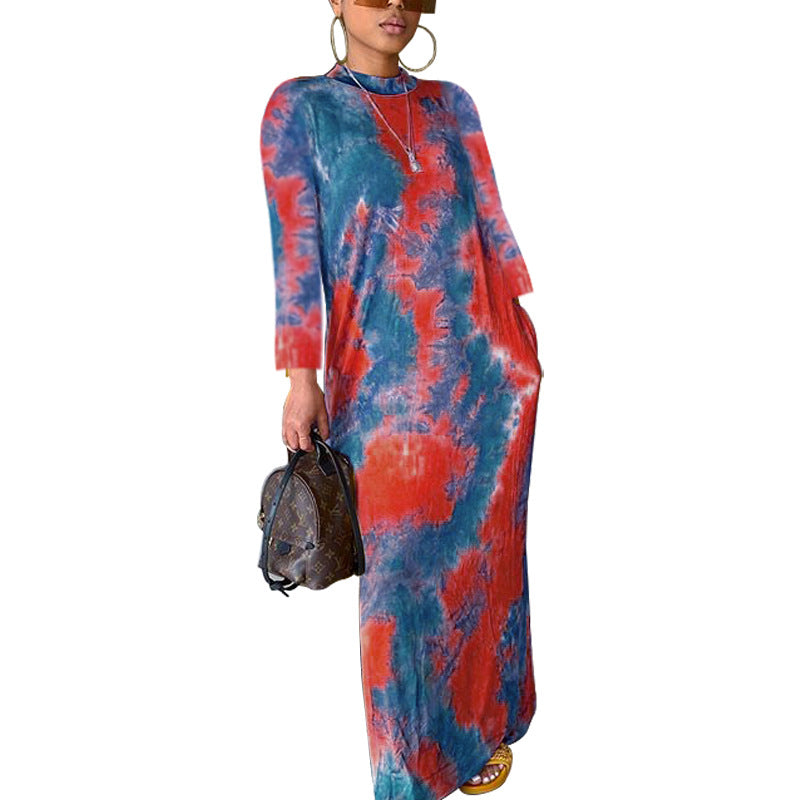 Long Printed Dress with Round Neck for Women