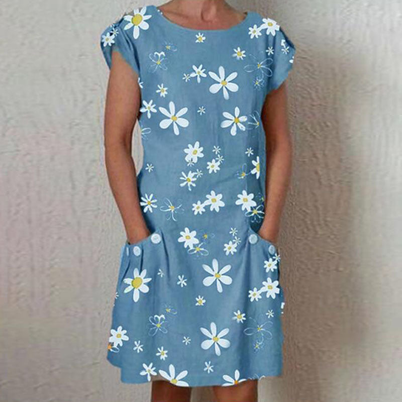 Daisy print short sleeve pocket dress