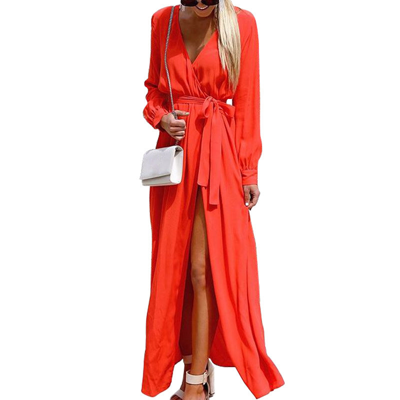 Red Fashion Dress with V-Neck for Women