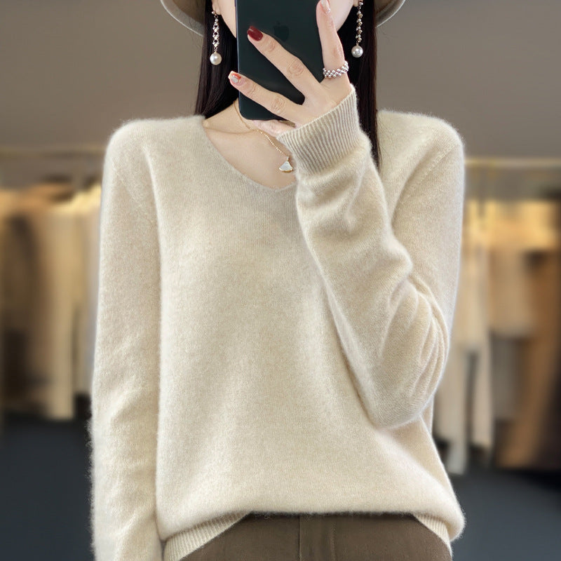 Women's V-Neck Wool Sweater - Solid Color Loose-Fitting Versatile Top for Autumn and Winter