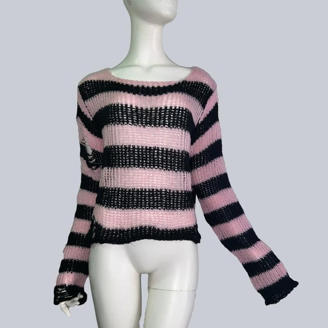 Womens Striped Loose Knitwear With Ripped Mid-length Sweater