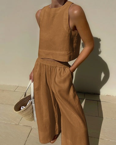 Loose Solid Color Sleeveless Shirt And Trousers Two-piece Set