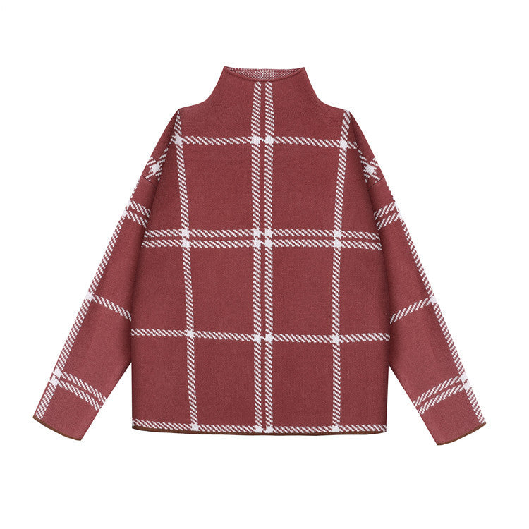 Core-Spun High Neck Plaid Sweater Top for Women