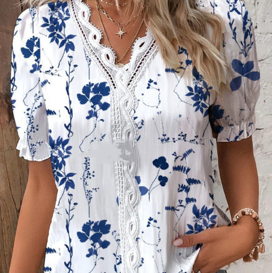 V Neck Lace Short Sleeve Printing For Fashion