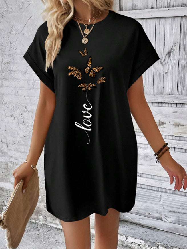 Butterfly and Letter Pattern Batwing Sleeve T-Shirt Dress