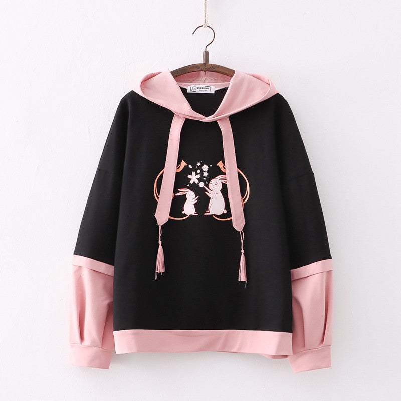 Cartoon Double Rabbit Print Hooded Student Hoodie