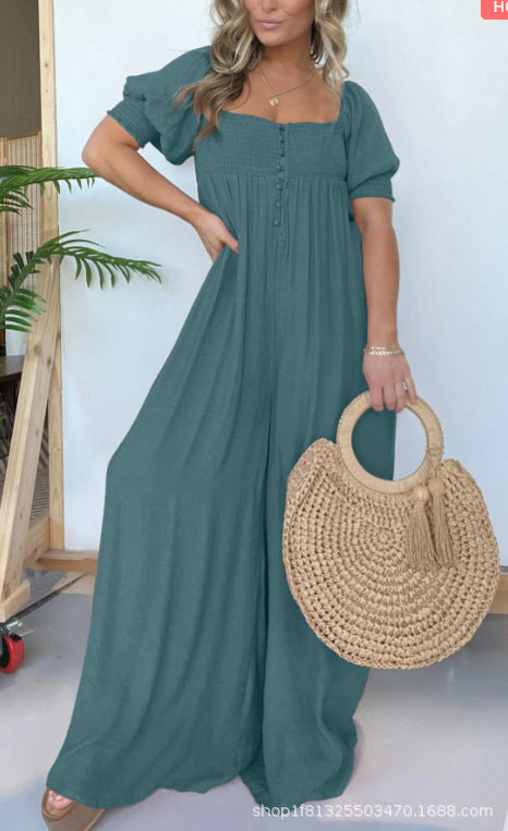 Solid Color Casual Bubble Sleeve Jumpsuit