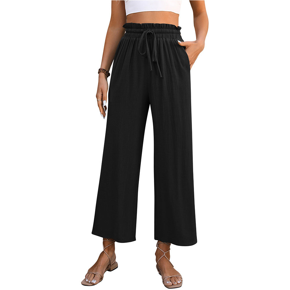 Summer Casual Solid Color Loose Wide Leg Trousers with Drawstring High Waist for Women