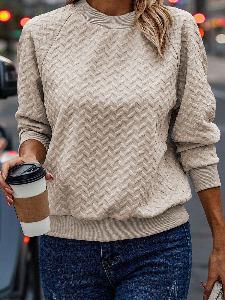 Solid Color Textured Round Neck Sweater