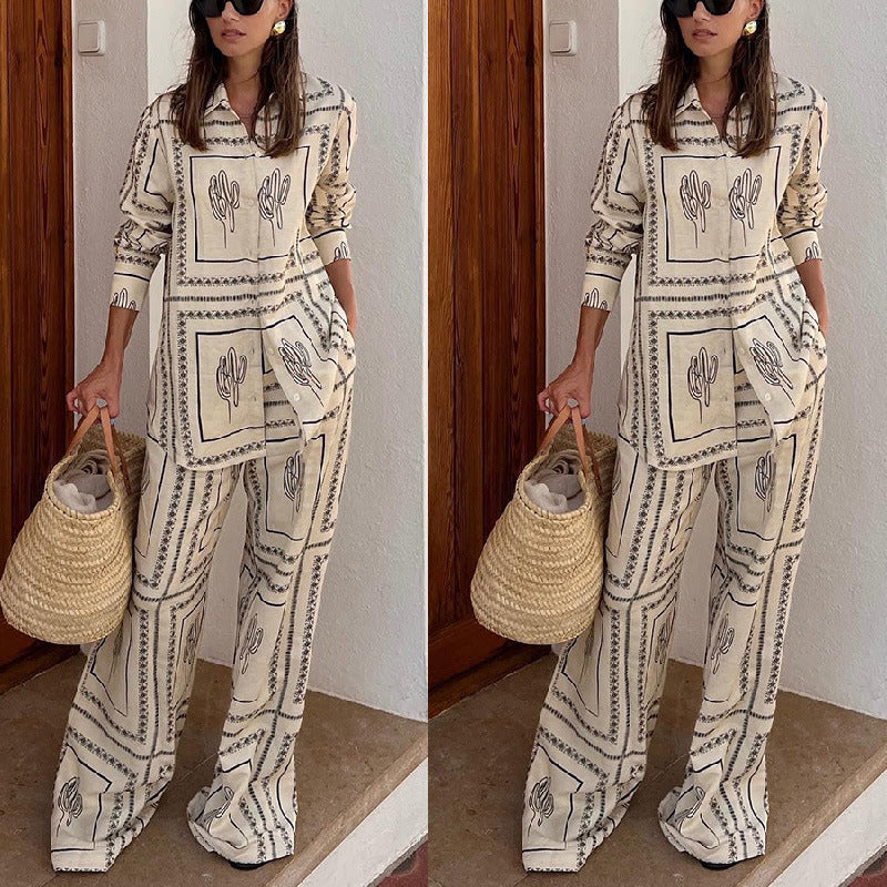 Printed Long Sleeved Shirt Pants Two-piece Set For Home Wear