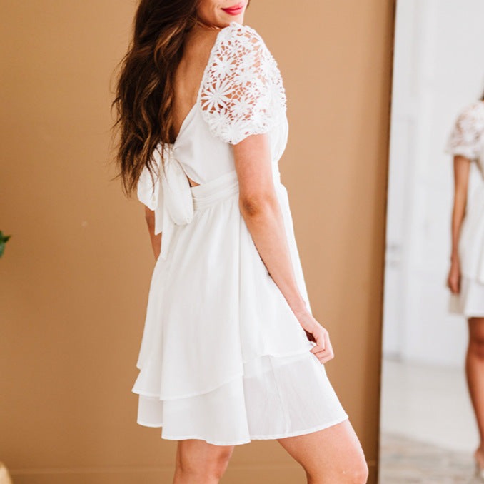 Lace Strap Solid Color Square Collar Backless Low Collar Waist Dress