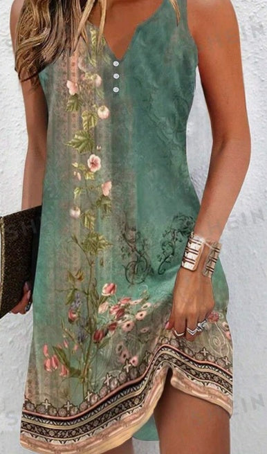 Women's Summer Floral Print Sleeveless V-Neck Loose Slit Dress