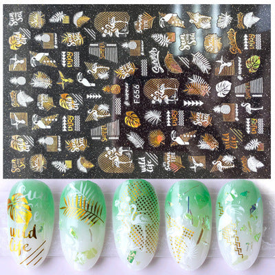 Nail Art 3D Sticker Maple Leaf Flamingo Beach White Gold Pattern Nail Sticker