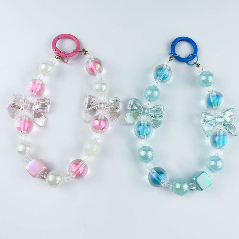 Colorful Acrylic Beads Mobile Phone Charm Keychain with Bow and Luminous Effect